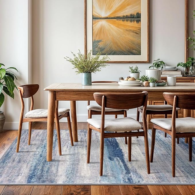 KOZYFLY Washable Area Rug 5x7 Modern Ombre Thin Rugs for Living Room Non-Slip Soft Striped Area Rug for Bedroom, Print Blue/Grey/Beige Abstract Carpet for Kid Room