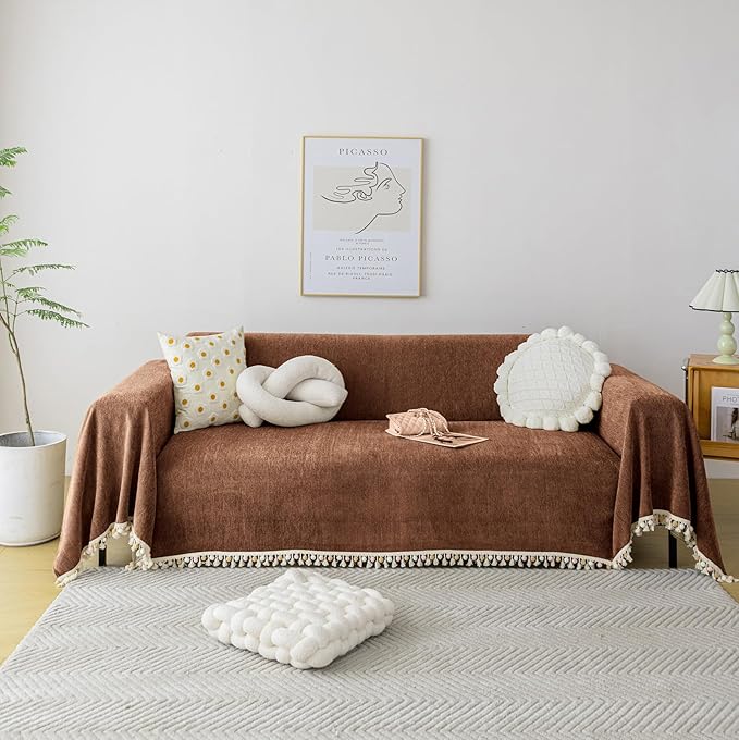 HANDONTIME Boho Style Sofa Cover with Tassels, Washable & Non-Slip Couch Cover for 3 Cushion Sofa, Herringbone Pattern Pet-Friendly Sofa Slipcover, Chocolate Color, 91"x118", Living Room Decor