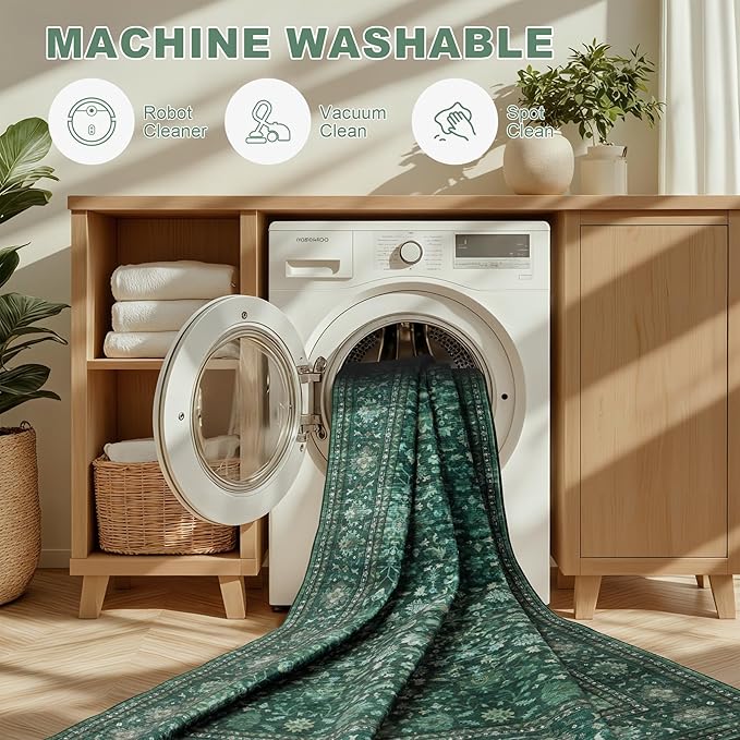 3x5 Area Rugs Living Room Rug: Washable Vintage Distressed Floral Rug No Slip Stain Resistant Soft Carpet Indoor Large Carpets for Bedroom Dining Room Farmhouse Nursery Home Office Deep Green