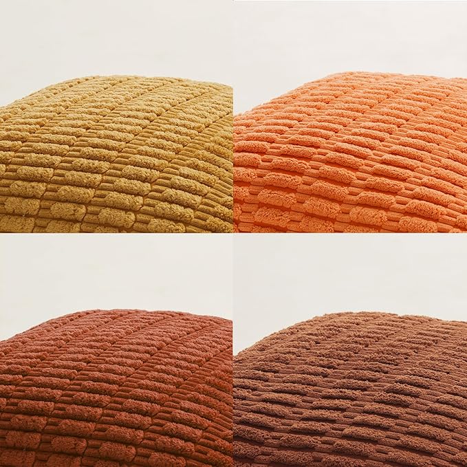 Fancy Homi Set of 4 Fall Decorative Throw Pillow Covers 12x12 Inch for Couch Bed Chair, Burnt Orange Series Farmhouse Boho Room Decor, Soft Fuzzy Corduroy Textured Striped Cushion Case 30cm
