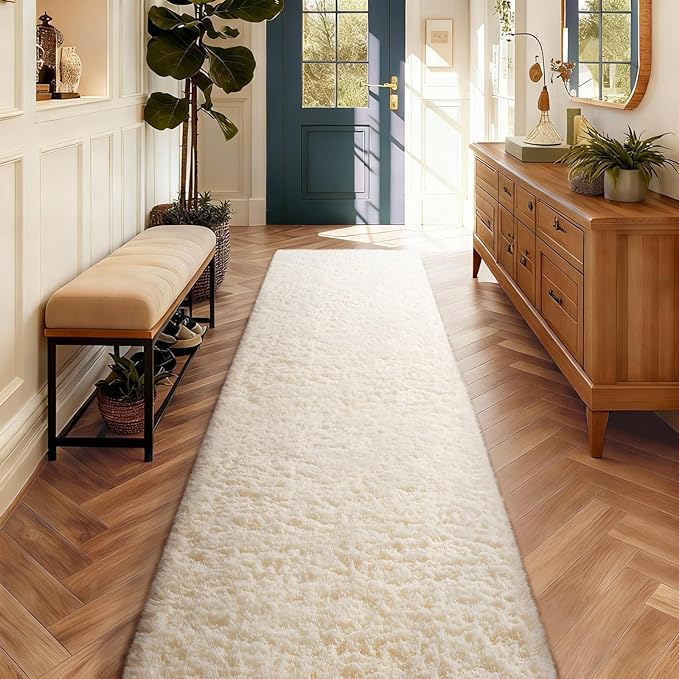Ophanie 2x10 Runner Rug for Hallway, Upgrade Non-Slip Fluffy Soft Bedside Rugs, Bedroom Living Room Ivory Shaggy Carpet for Kids Girls Boys Dorm Nursery Home Decor Aesthetic