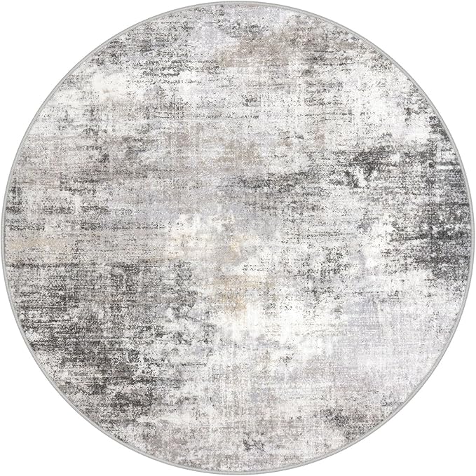 IOHOUZE Abstract Round Area Rug 6 Ft Washable Circle Rugs Large Round Rug Non Slip Thin Soft Circle Rugs, Printed Faux Wool Floor Carpet for Bedroom Living Room Dining Room Nursery, Grey Beige