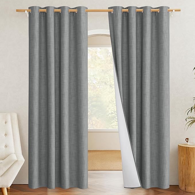 NICETOWN 100% Absolutely Blackout Linen Curtains with Thermal Insulated White Liner, Dove Grey, W52, 2 Pieces, Noise Reducing Textured Linen Look Curtains for Windows 95 inch Length for Classroom