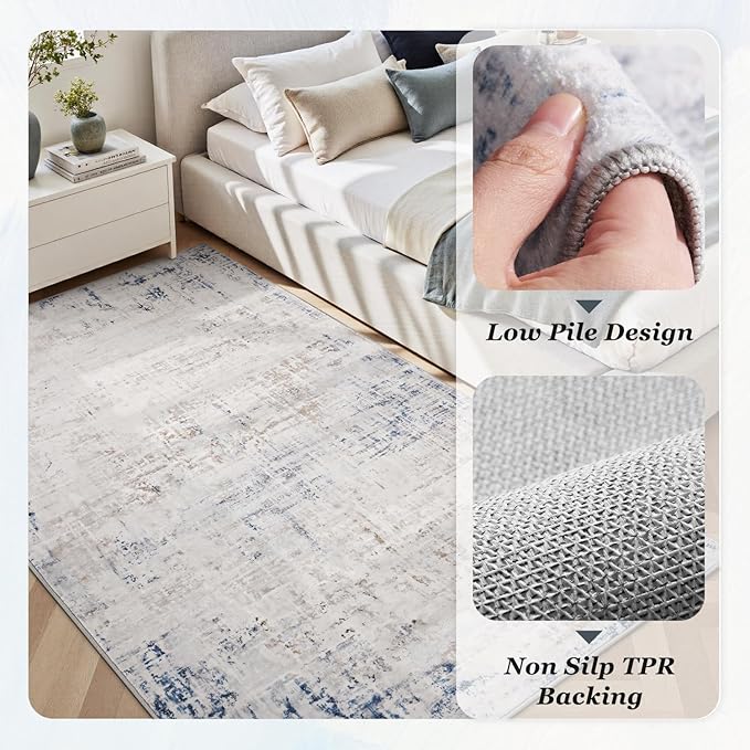 4 x 6 Area Rugs for Living Room, Machine Washable Non Slip Rug Ultra Soft Low Pile Indoor Carpet Modern Abstract Rugs for Bedroom Office Room Dining Room Beside, Blue/Grey