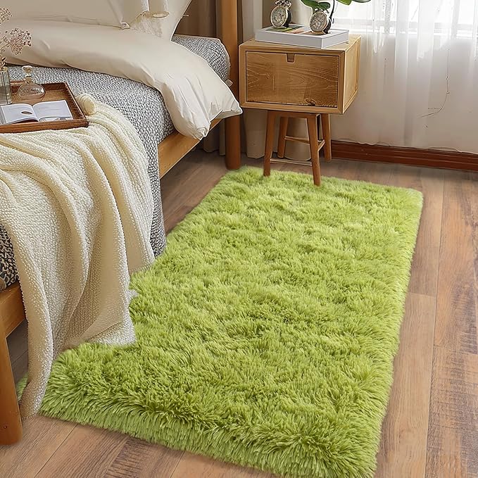 Soft Runner Rugs for Bedroom Hallways, 2x4 Grass Green Fluffy Shag Throw Area Rug Non Slip for Bedside Dorm, Long Shaggy Furry Carpet for Nursery Living Room