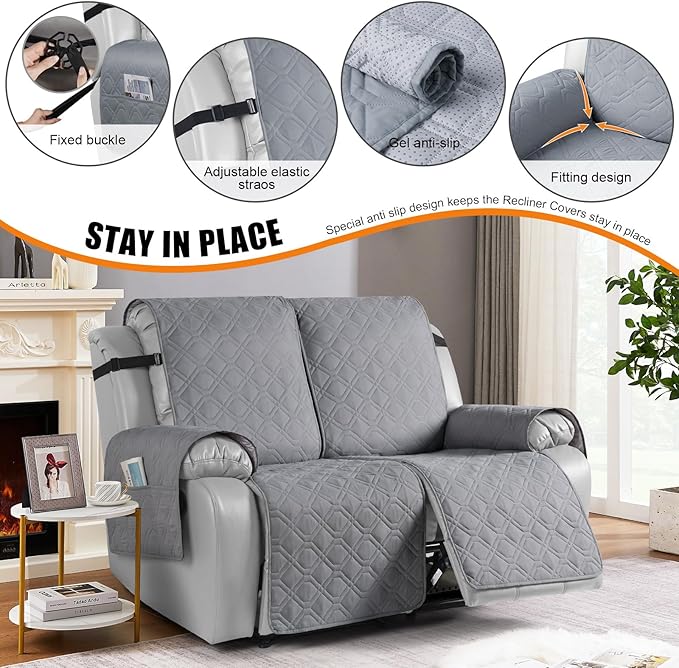VANSOFY Waterproof Recliner Couch Covers, Sofa Covers 1-Piece Washable Reclining Sofa Cover Non-Slip Furniture Protector with Elastic Straps Pocket for Dogs, Pets(Light Gray,Oversized 2 Seater)