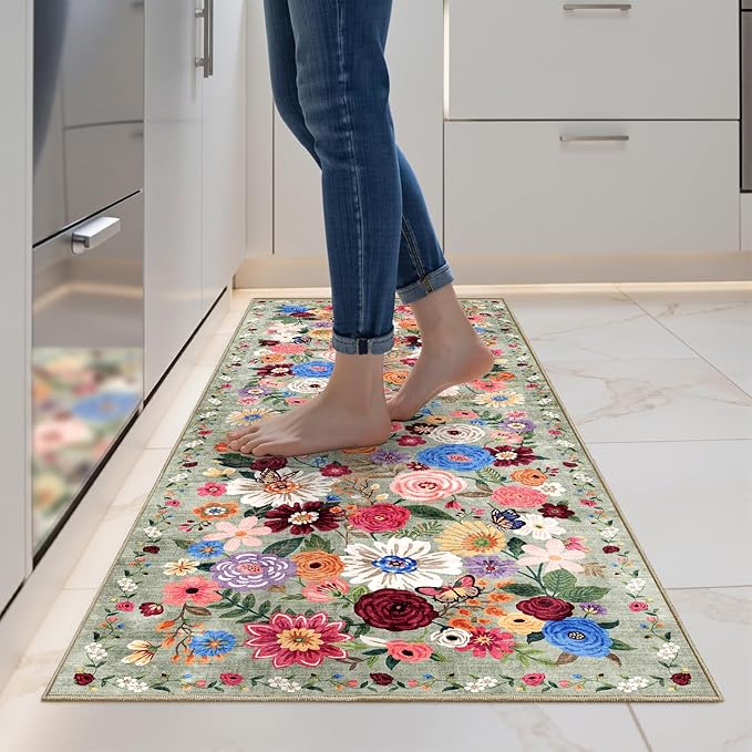 2x5 Entryway Runner Rugs, Non Slip Washable Rugs with Rubber Backing Soft Floral Carpet Runner for Kitchen, Laundry, Bedroom, Bathroom(2 x 5, Green Garden)