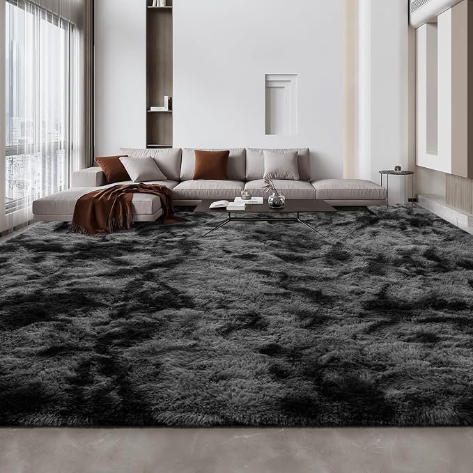 Deerhoo Large Shag Area Rugs 10 x 14, Tie-Dyed Plush Fuzzy Rugs for Living Room, Ultra Soft Fluffy Furry Rug for Bedroom, Anti-Skid Indoor Carpet Nursery Rugs for Kids Room Home Decor, Dark Grey