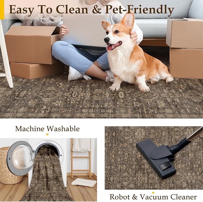 2'6x10 Washable Runner Rug for Hallway Kitchen Vintage Brown Non Slip Low Pile Carpet Traditional Retro Soft Throw Rug for Bathroom Bedroom Entryway Indoor Entrance