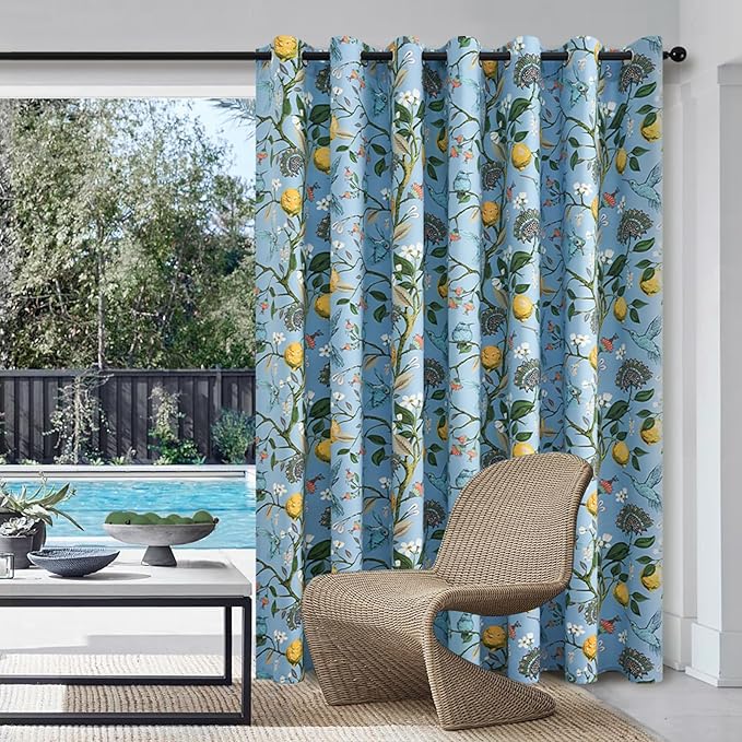Topfinel Sliding Door Patio Floral Curtains & Drapes, Blackout Extra Wide Room Divider Large Blue Vintage Farmhouse Country Hummingbird Patterned Grommet Curtains 1 Single Panels W100 x L84