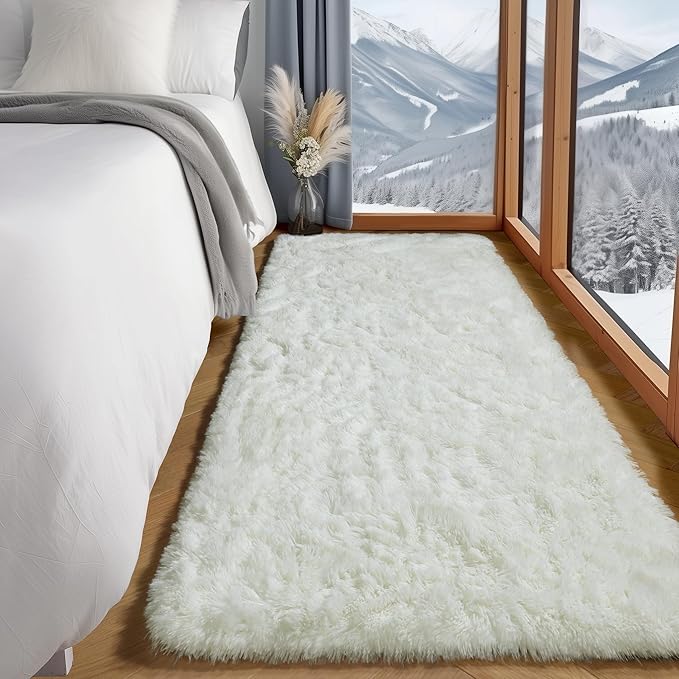 ONASAR Cream White Runner Rugs for Bedroom Living Room, Ivory Fluffy 2x6 Bedside Hallway Area Rug, Ultra Soft Plush Furry Faux Fur Non Slip Floor Carpet for Nursery Kids Dorm Closet Home Decor