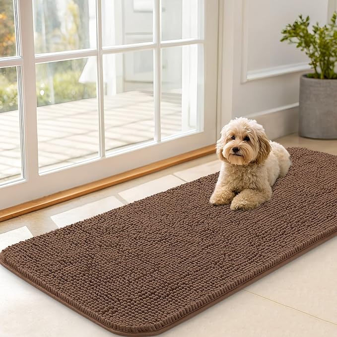 OLANLY Dog Door Mat for Muddy Paws 47x20, Absorbs Moisture and Dirt, Absorbent Non-Slip Washable Doormat, Quick Dry Chenille Mud Mat for Dogs, Entry Indoor Entryway Carpet for Inside Floor, Mocha