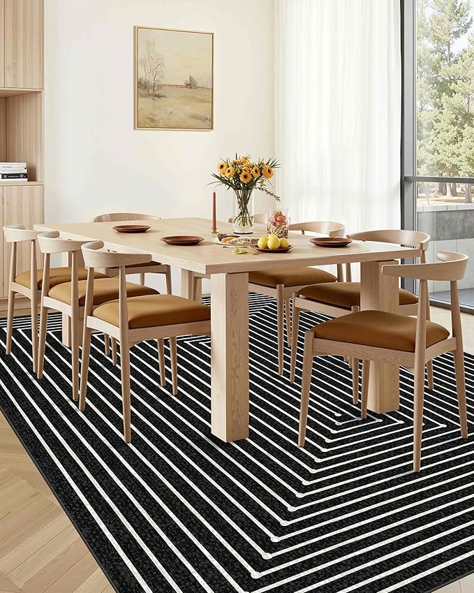 Latte&Fog 9x12 Area Rug for Living Room, Extra Large Black Modern Abstract Washable Rugs, Boho Non Slip Low Pile Carpet for Indoor Bedroom Dining Room, Office, Dorm, Classroom and Farmhouse