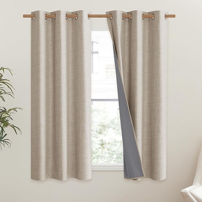 NICETOWN Oatmeal Vintage Open Linen Weave Flax Thermal Curtains, 100% Blackout Curtains 54" Long for Dining Room, Soundproof Window Treatment Drapes for Kitchen, 42" Wide Per Panel, Set of 2