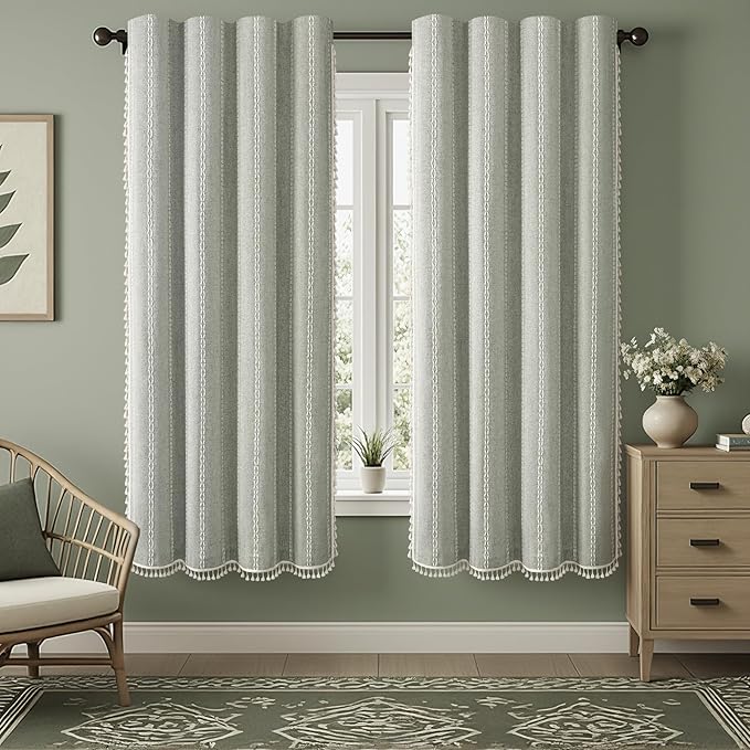 Boho Blackout Curtains 72 Inches Long Sage Green Linen Blend 2 Panels with Tassels and Cotton Embroidery, Farmhouse Vintage Rustic Rod Pocket Drapes for Living Room or Bedroom