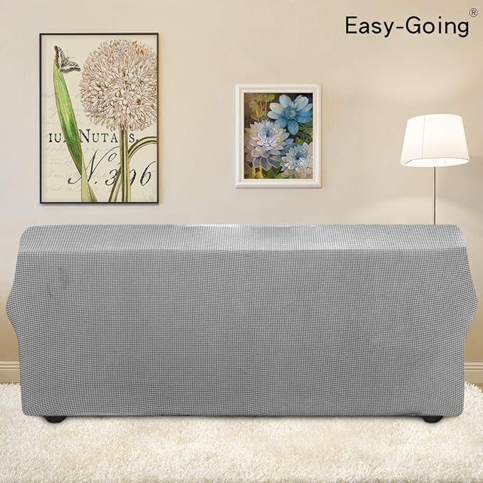 Easy-Going Stretch 4 Seater Sofa Slipcover 1-Piece Sofa Cover Furniture Protector Couch Soft with Elastic Bottom for Kids, Polyester Spandex Jacquard Fabric Small Checks Light Gray