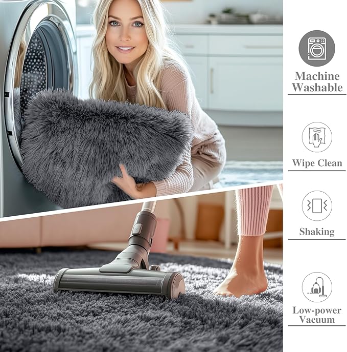 OLANLY Grey Round Rugs for Bedroom - Machine Washable, 5 ft Circle Area Rugs for Living Room, Soft and Fluffy Shaggy Carpet for Teen Girls and Boys, Nursery Rooms, Dorms, Home Decor Aesthetic