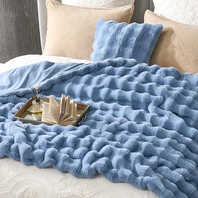 Cozy Bliss Faux Fur Bubble Throw Blanket for Couch, Fuzzy Soft Plush Thick Blanket for Sofa Bed Gift, 50x60 Inches Misty Blue