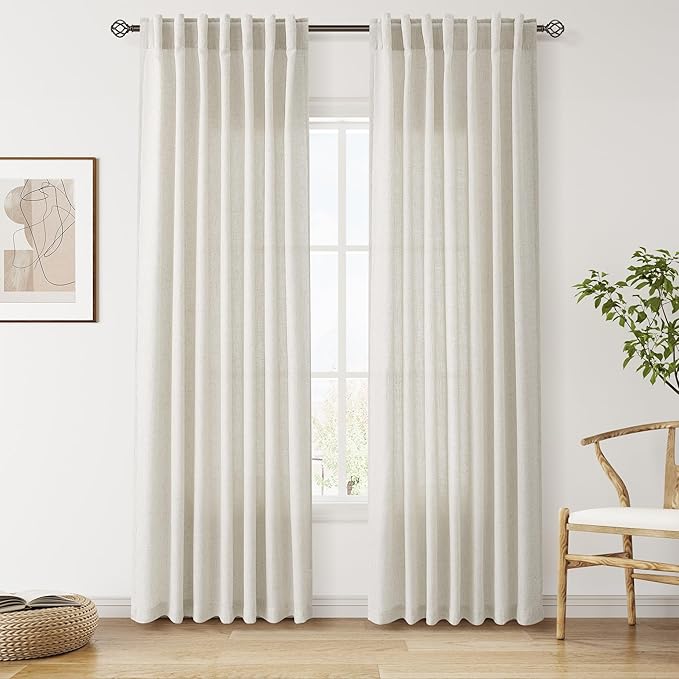 Nanspring Mousse White Linen Curtains 84 Inches Long for Living Room Light Filtering Semi Sheer Curtain Back Tab Simple Modern Elegant Luxury Coastal Decor Drapes for Bedroom Office 52x84,2 Panels