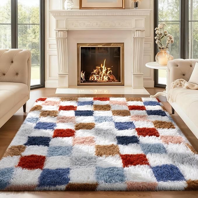 Ophanie Checkered Rainbow Rug for Living Room Bedroom,Colorful Fluffy Soft Cute Fuzzy Area Rugs, Shag Plush Shaggy Bedside Floor 4x6 Furry Carpet for Kids Baby Teen Dorm Nursery Home Decor Aesthetic
