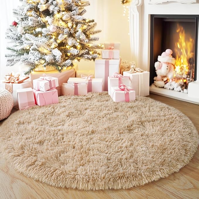 3'x3' Beige Round Rug for Bedroom, Ultra Soft Fluffy Circle Rug for Kids Girls Boys Room, Cute Small Shag Rugs for Living Room Playroom Tent Castle Home Decor Rug