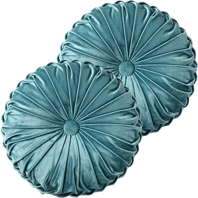 HIG Set of 2 Teal Ruched Velvet Round Throw Pillows – 14.5’’ Decorative Pillows with Soft Polyester Filling for Couch, Bed, Living Room, Bedroom, or Dorm – Handmade, Stress Relieving, All-Season