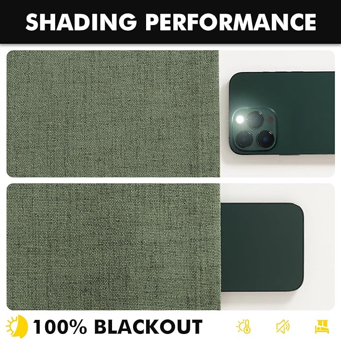 MIULEE 100% Blackout Linen Curtains for Bedroom, Olive Green Solid Luxury Decor Thermal Insulation Room Darkening Drapes for Living Room Nursery Back Tab Rod Pocket 42 x 96 Inches, 2 Panels
