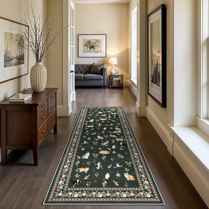 2x6 Washable Kitchen Runner Rug - Soft Low Pile Floral Animal Cat Print Rugs with Non-Slip Backing Waterproof Stain-Resistant Indoor Carpet for Hallway Entryway Bathroom Bedroom (Sage Green)