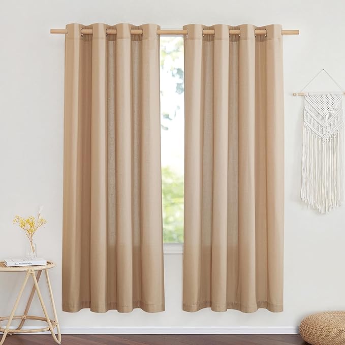 NICETOWN Thick Flax Linen Textured Bedroom Curtains, Grommet Casual & Rustic Linen Weave Window Treatment Privacy Added with Light Filtering for Living Room, Camel, W55 x L72, 2 Panels