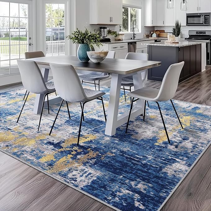 Washable Area Rugs Square 6ft Non-Slip Modern Abstract Soft for Living Room Entryway Bedroom Nursery, Print Pattern, Grey Blue Gold/Golden