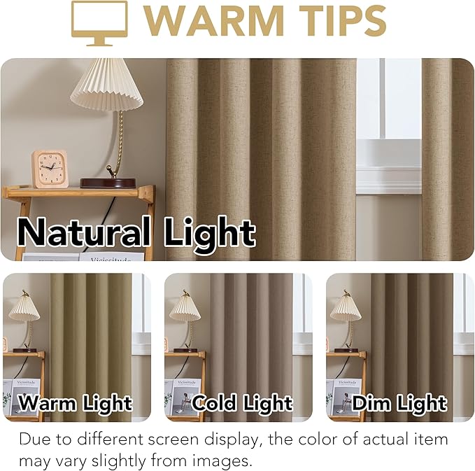 H.VERSAILTEX Linen Curtains 100% Blackout Curtains for Bedroom 102 inch Long Full Light Blocking Nature Linen Blended Window Curtains for Living Room Nickel Grommet (2 Panels, Heathered Macchiato)