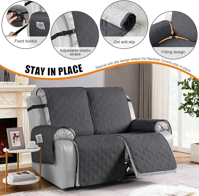 VANSOFY Waterproof Recliner Couch Covers, Sofa Covers 1-Piece Washable Reclining Sofa Cover Non-Slip Furniture Protector with Elastic Straps Pocket for Dogs, Pets(Charcoal Gray,2 Seater)