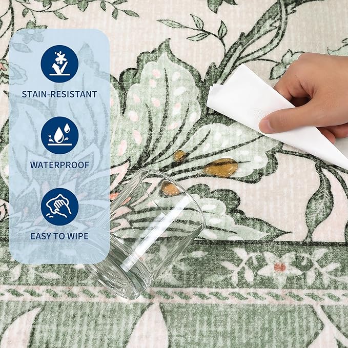 GarveeHome Provence Sage Green 6x9 Area Rugs, Botanical Grove Vintage Cottagecore Non-Slip Washable Rug for Living Room Bedroom Nursery Kitchen Low-Pile Retro Large Carpet