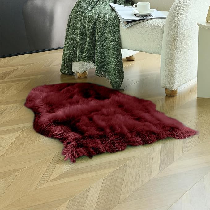duduta Burgundy Sheepskin Throw Rug 2x3 ft, Fluffy Shag Faux Fur Seat Chair Covers Non Slip Washable