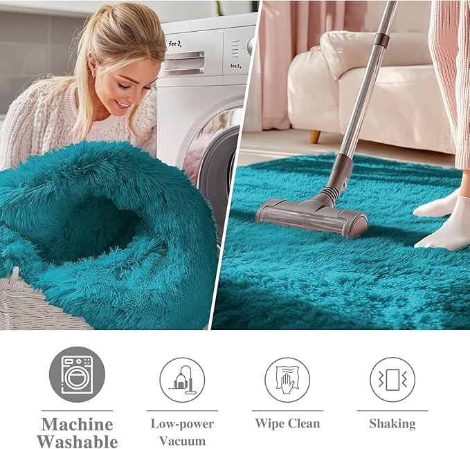OLANLY Teal Round Rugs for Bedroom - Machine Washable, 8 ft Circle Area Rugs for Living Room, Soft and Fluffy Shaggy Carpet for Teen Girl and Boys, Nursery Rooms, Dorms, Home Decor Aesthetic