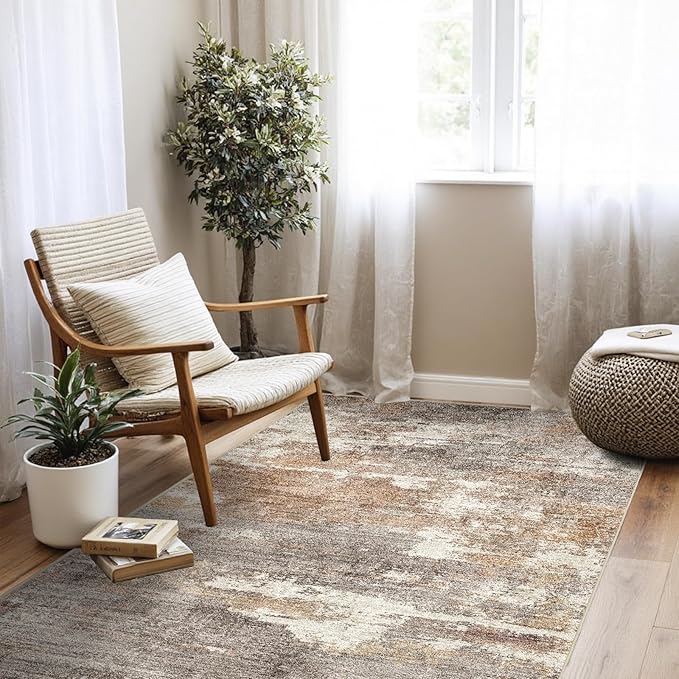 4x5 Washable Entryway Area Rug: Modern Abstract Runner Rugs Indoor Soft Non Slip Door Mat for Living Room Low Pile Thin Floor Carpet for Kitchen Dining Room Bedroom Home Office Decor(4x5,Brown/Brick)