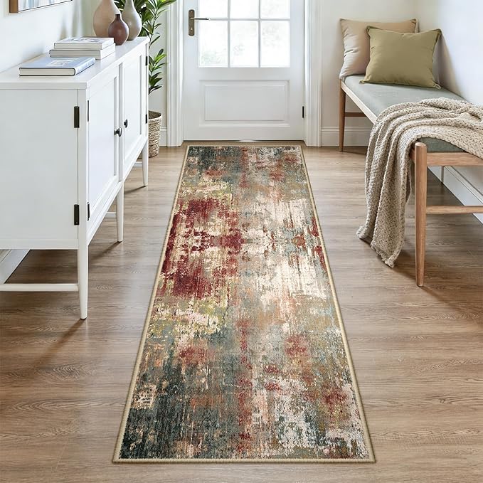 Washable Area Rugs 3x8 Non-Slip Modern Abstract Soft for Living Room Entryway Bedroom Nursery, Print Pattern, Brown Rust Red Green Blue Multi