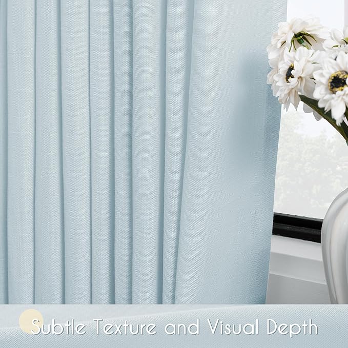 Sky Blue Curtains 120 inch Length for Bedroom Back Tab Light Filtering Semi Sheer Blue Living Room Curtains Linen Cotton Textured Drapery Panel Aesthetic Decor Light Blue 52x120