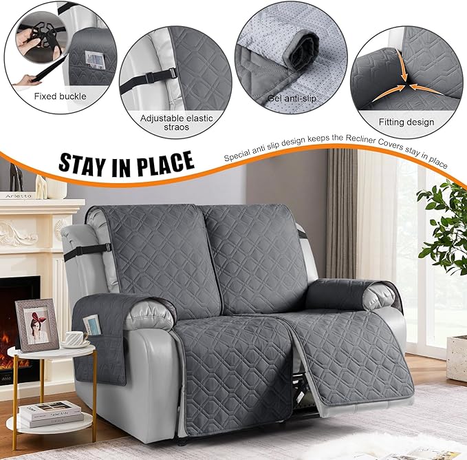 VANSOFY Waterproof Recliner Couch Covers, Sofa Covers 1-Piece Washable Reclining Sofa Cover Non-Slip Furniture Protector with Elastic Straps Pocket for Dogs, Pets(Dark Gray,2 Seater)