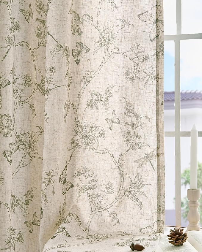 jinchan Floral Linen Curtains for Living Room 84 Inch Length Butterfly Curtain Sage Green Floral Curtains French Country Farmhouse Curtain Flower Patterned Drapes Window Treatment Set 2 Panels