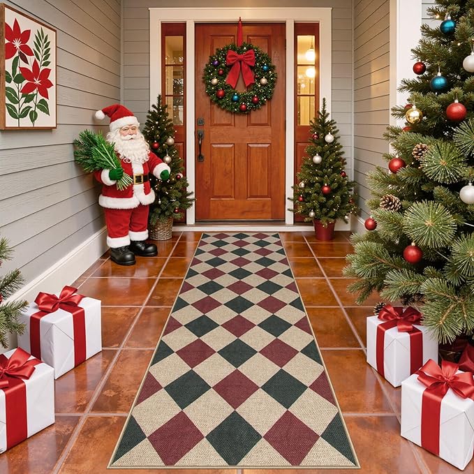 Lahome Christmas Runner Rug, 2x8 Checkered Christmas Decor Non Slip Entryway Runner Rug, Checkerboard Red and Green Indoor Outdoor Xmas Decorations for Hallway 8ft Entry Laundry Room