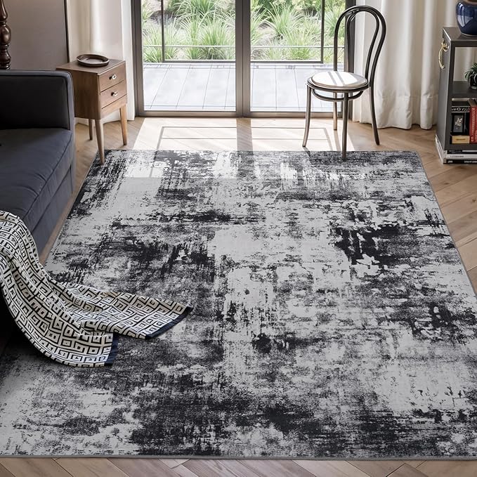 Rugflix 4x6 Area Rugs for Living Room, Washable Large Rug Stain-Resistant Low Pile, Modern Dark Carpet for Dining Room Home Office Kid Room Nursery Bedroom, Black Grey
