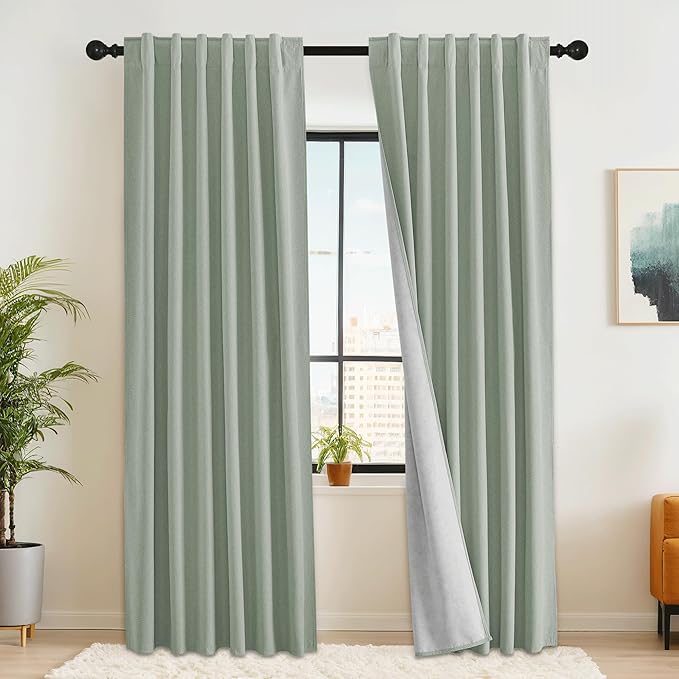 RYB HOME Light Green Curtains 100% Blackout, Linen Window Treatment Panels Thermal Insulated, Privacy Drapes for Living Room/Bedroom/Nursery, Rod Pocket & Back Tab, 2 Panels, W52xL84