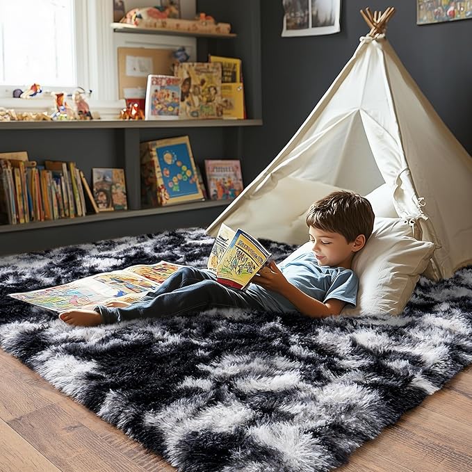 Pionblank Super Fluffy Area Rug for Living Room 5x7 Feet, Modern Indoor Shaggy Carpet, Soft Plush Non Slip Rugs for Bedroom Kids Room Cloakroom Home Decor, Black White