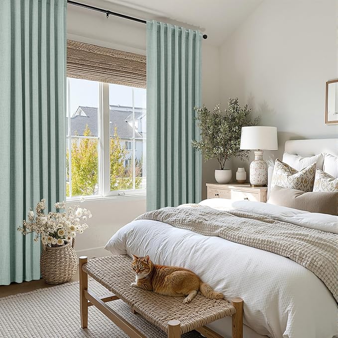 MIULEE 100% Blackout Linen Curtains for Bedroom, Seafoam Green Solid Luxury Decor Thermal Insulation Room Darkening Drapes for Living Room Nursery Back Tab Rod Pocket 42 x 90 Inches, 2 Panels