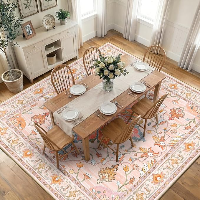 RELEANY Area Rugs Square 10ft Washable Non-Slip, Floral Vintage Distress Print Pattern Medallion Carpet for Living Room Bedroom Dining Room, Light Pink Colorful