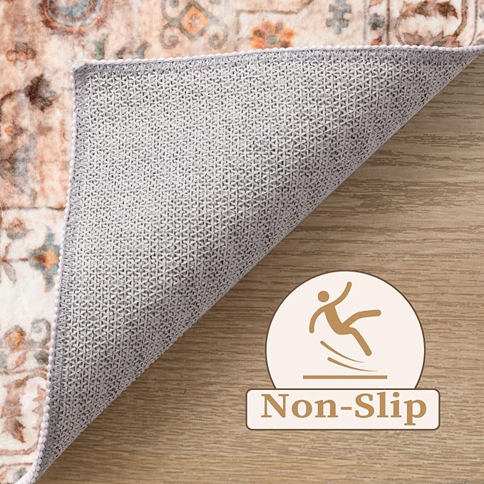 SERISSA Area Rug 3x5 Boho Peach Cream Rugs for Bedroom, Washable Kitchen Rugs Non-Slip, Ultra Soft Print Distressed Vintage Entry Rug Low-Pile Throw Rug Carpet for Nursery Living Room Dorm Decor