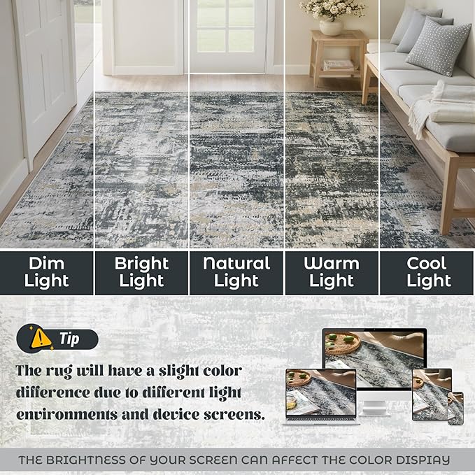 5x7 Area Rugs for Living Room, Washable Modern Abstract Large Area Rug Neutral Soft Non Slip Kids Rug Stain Resistant Indoor Carpet for Bedroom Nursery Dining Room Playroom(BlackGreyGold,5'x7')