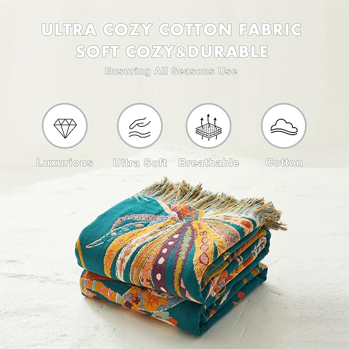 MSGKV Boho Throw Blanket for Bed Twin Size 100% Cotton Floral Blanket 60"x80" Couch Blankets Muslin Spring Breathable All Seasons Lightweight Farmhouse Blankets Home Decor