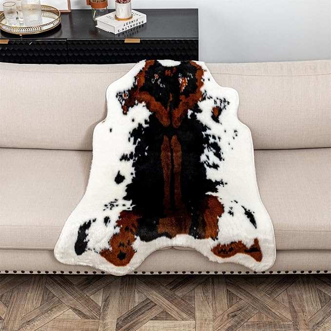 Faux Cowhide Rug Cow Print Area Rug Premium Faux Animal Skin Hide Rugs Tricolor Decor Carpet Non-Slip Small Cowhide Rugs Mat for Bedroom Living Room Office Kitchen 43.3X33.4Inches